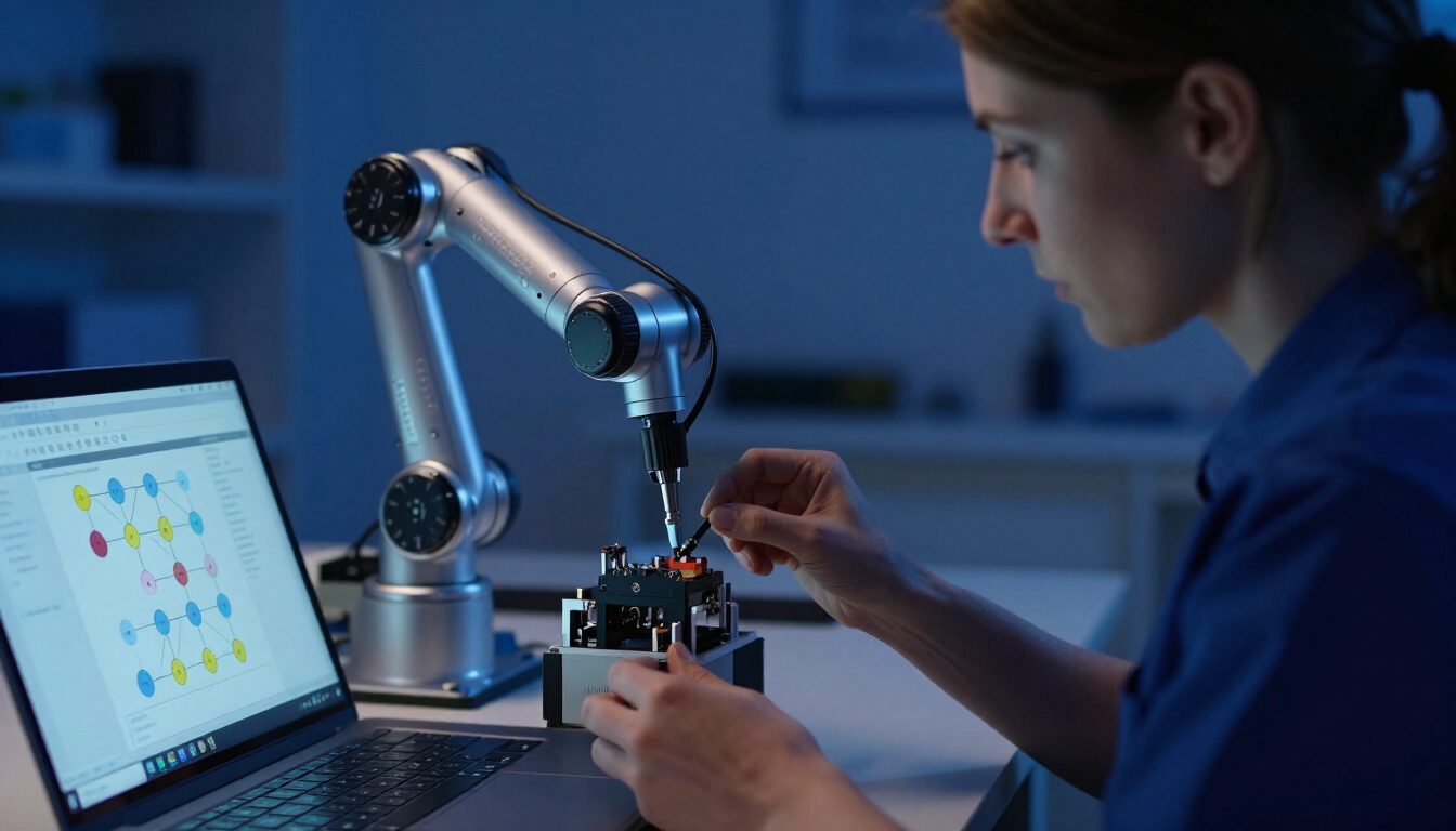 An automation engineer connecting a robotic arm to a workflow system