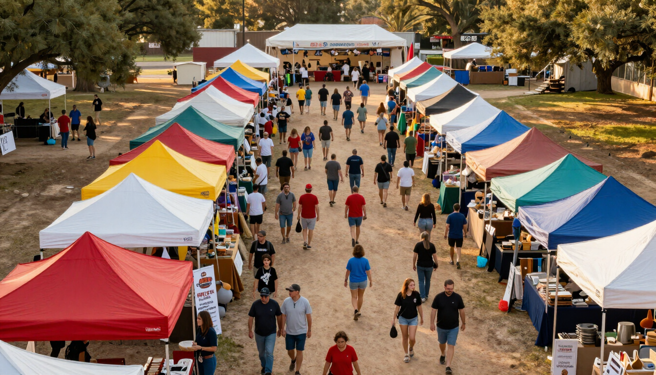 Outdoor festival market with colorful vendor tents and crowds in daylight