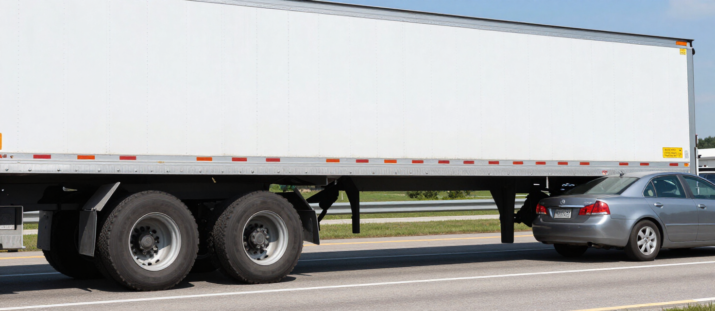 Side view of a tractor-trailer trailer showing the rear underride guard with a passenger sedan nearby