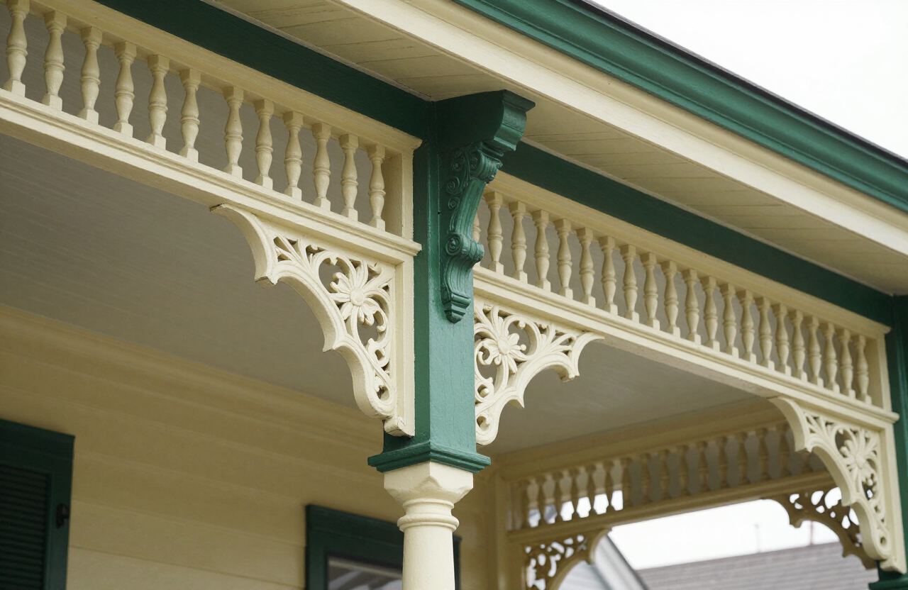 Rutherford NJ Victorian porch with ornate spindle and trim detailing in cream and forest green