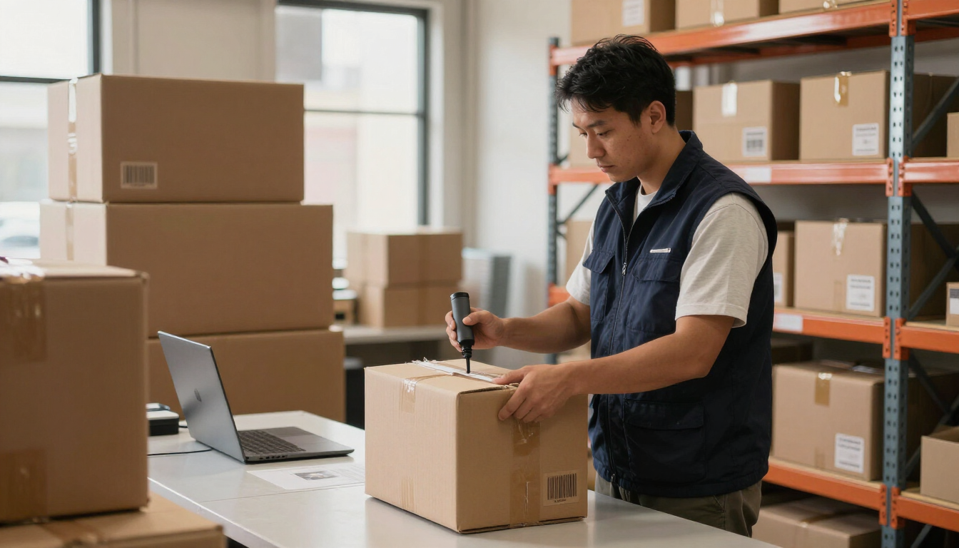 A USReturnHub warehouse associate scanning a returned ecommerce parcel at the receiving station in Salem, New Hampshire
