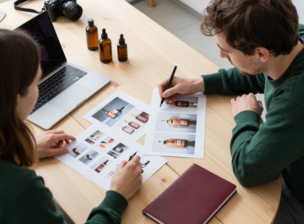 Creative partners planning a skincare campaign with photographs, a camera, and a laptop