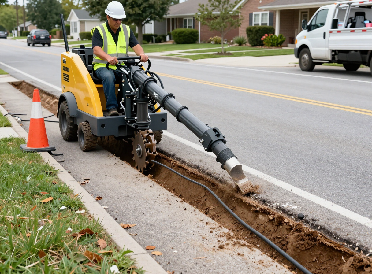 Ditch Witch microtrenching machine cutting a narrow channel in asphalt for fiber conduit