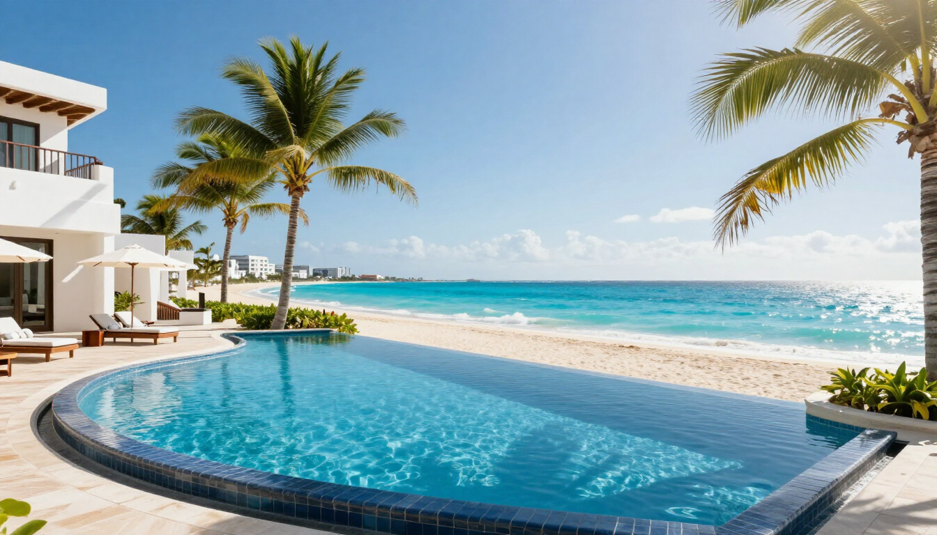 Piscina infinita de resort de lujo frente al mar Caribe