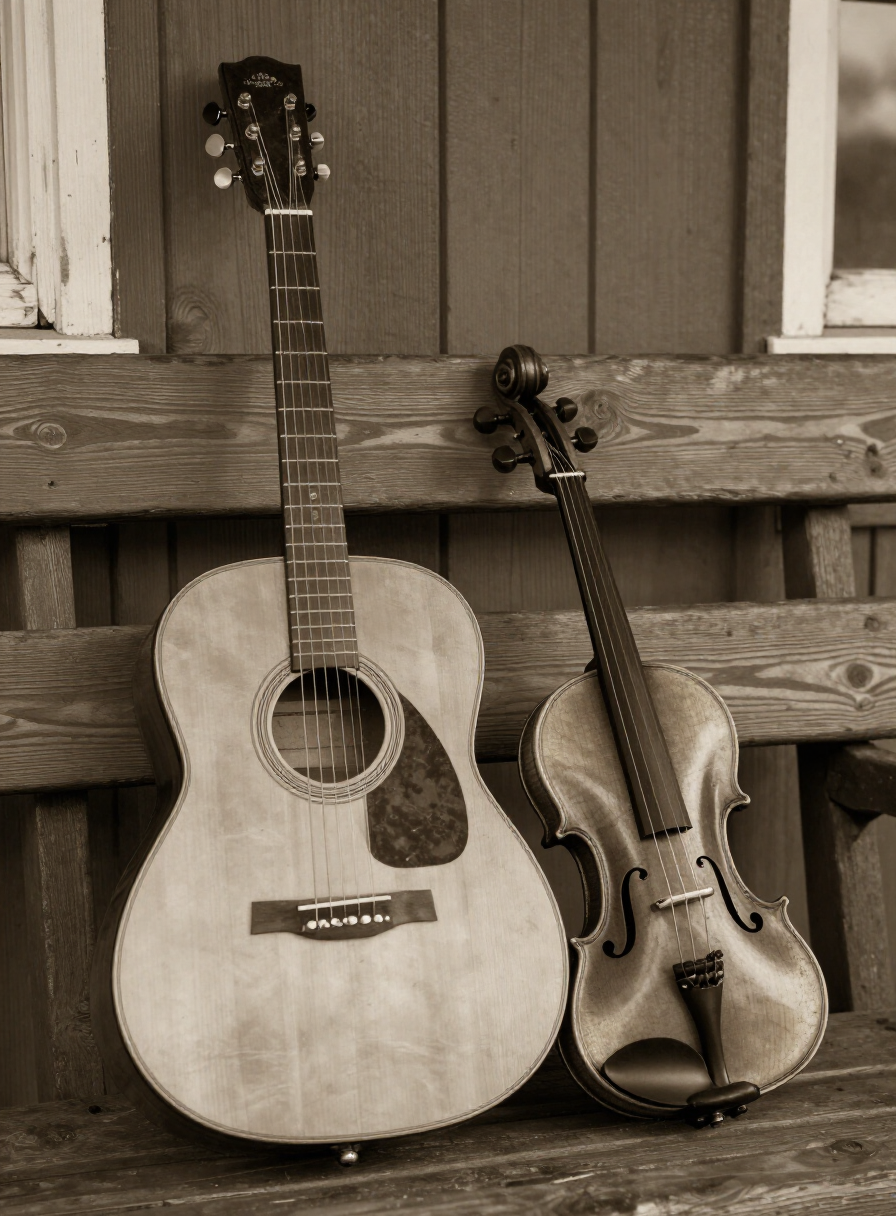 Still life photograph of a vintage 1920s acoustic guitar and fiddle at a wooden train depot bench, evoking early American country music history