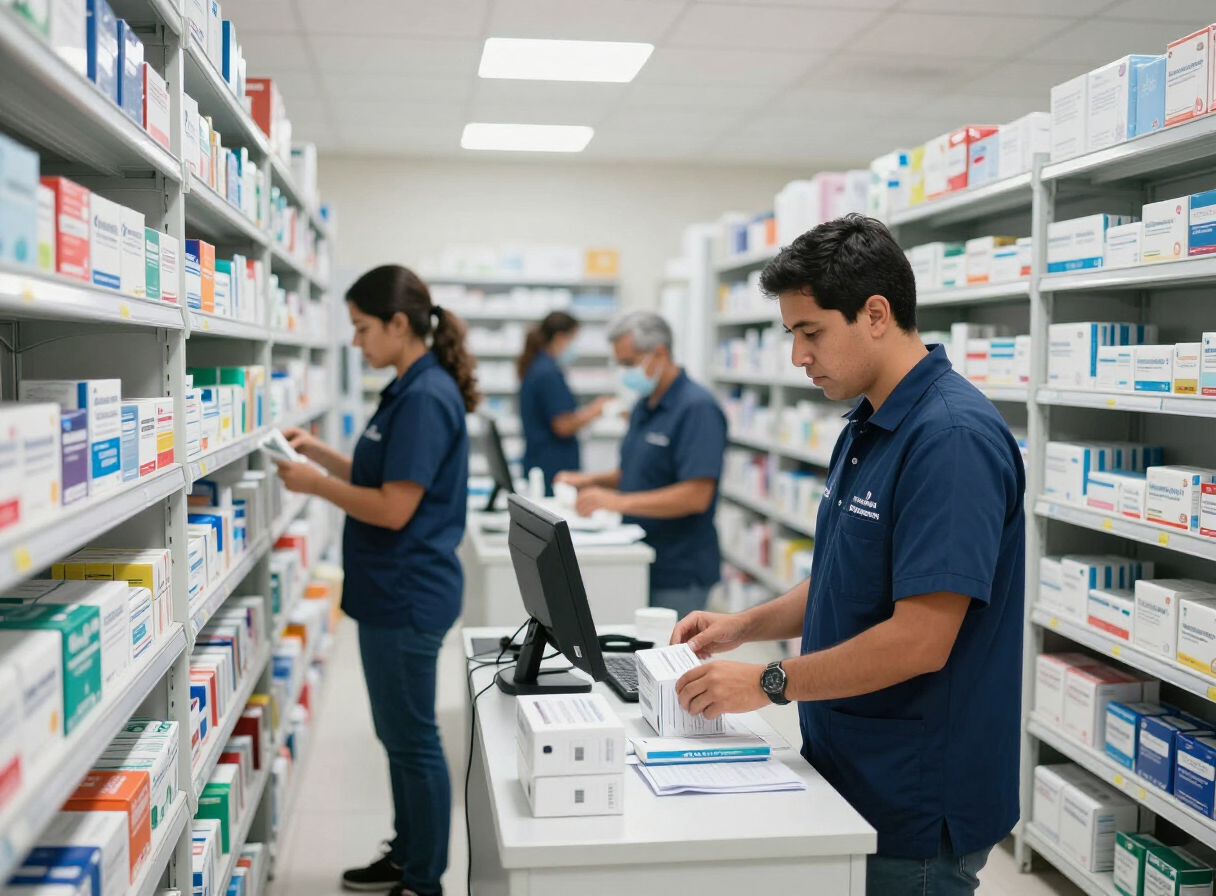 Personal de logística trabajando en el centro de distribución farmacéutica de Farmacorp