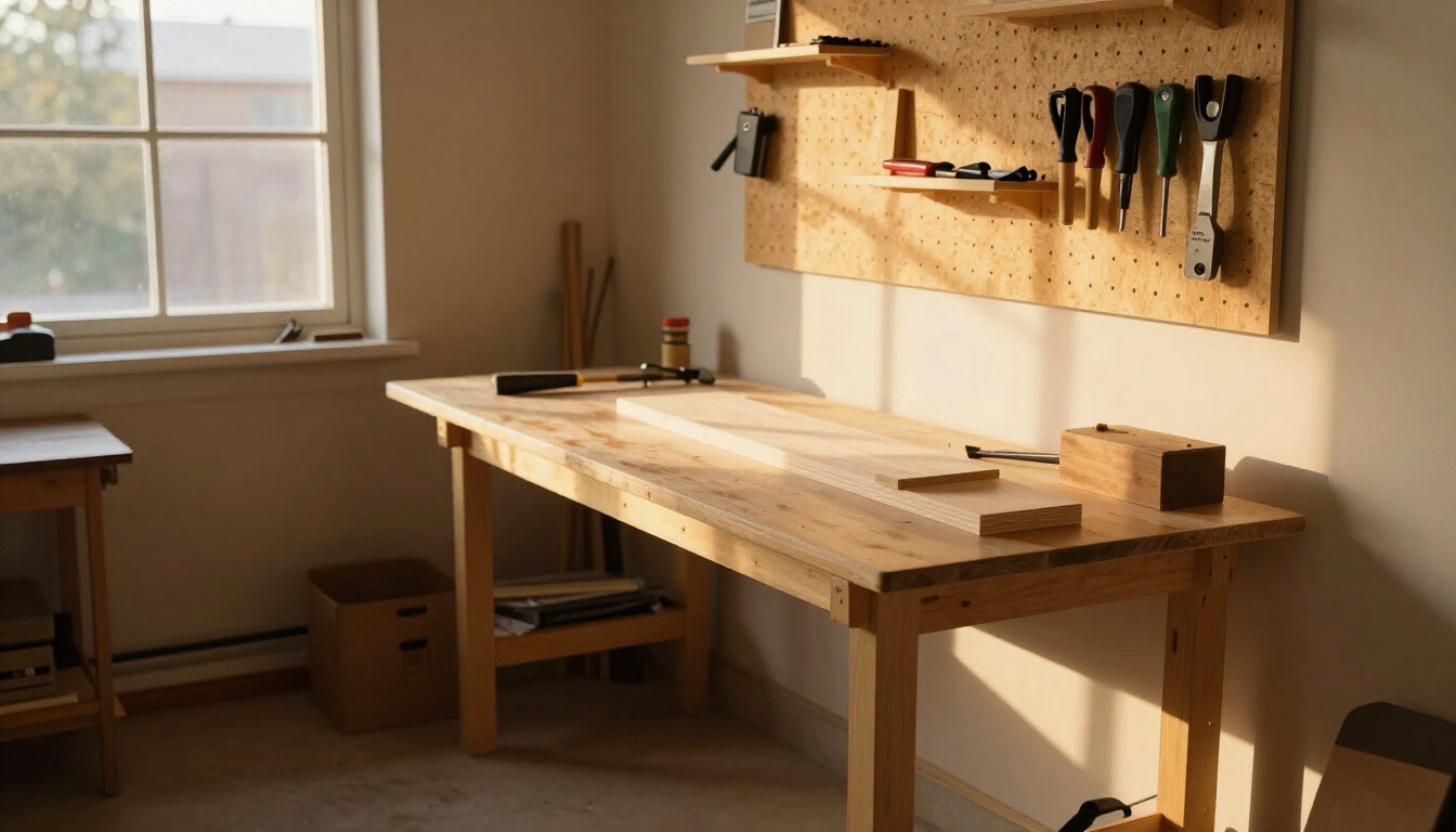 A tidy small woodworking workshop at golden hour with warm light streaming through a window, a clean workbench with a few hand tools, organized pegboard, and swept floor