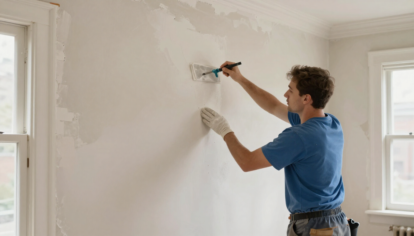 Illustrative plaster repair specialist skim-coating and restoring an original plaster wall in a historic Englewood NJ home