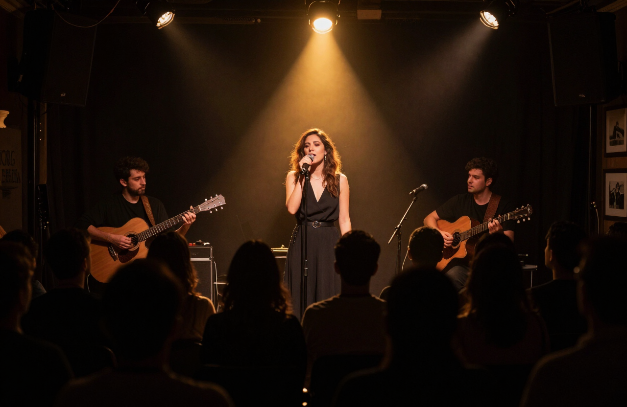 Concerto intimista numa casa de fado em Lisboa, com o cantor sob um foco de luz quente