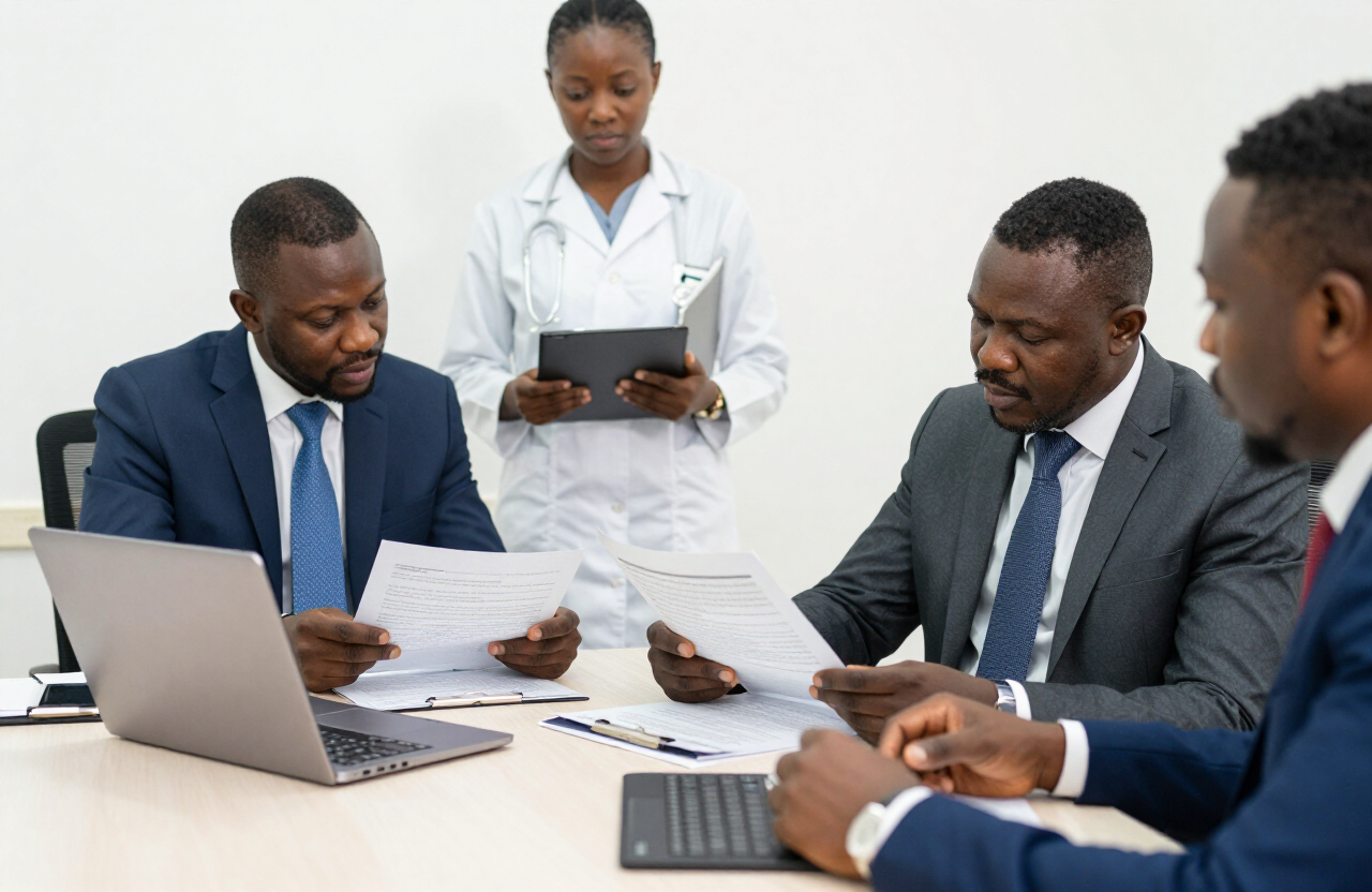 Healthcare consultants reviewing reports with hospital administrators in a meeting