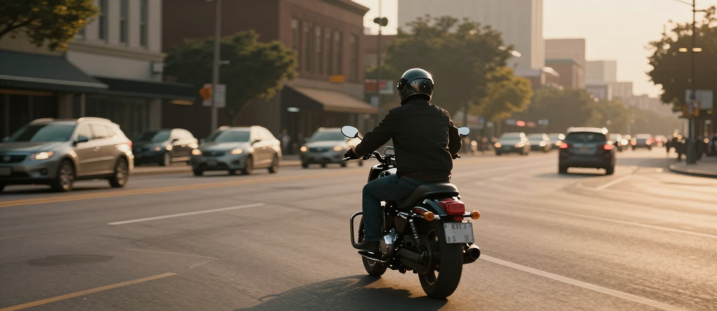 Motorcyclist with helmet riding on a Kansas City urban boulevard at golden hour, viewed from behind