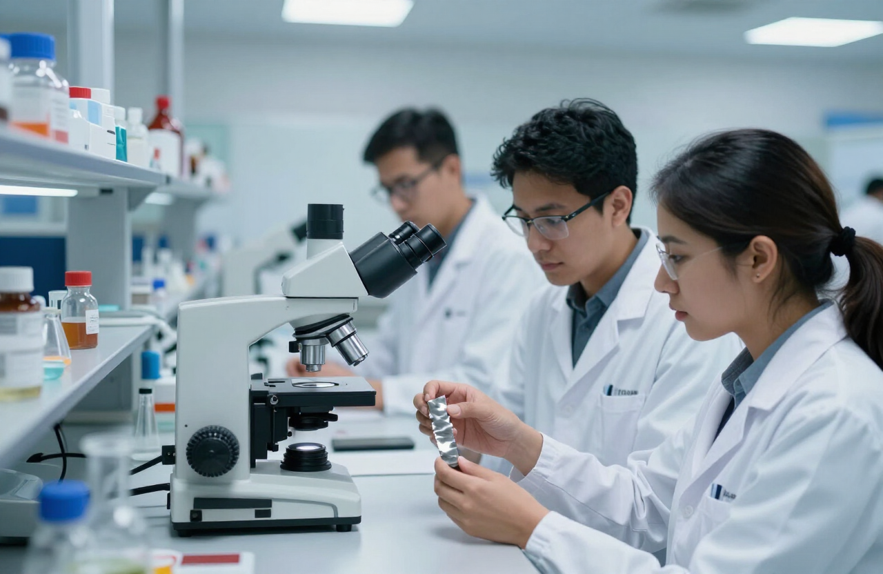 Investigadores mexicanos examinando una muestra metálica en un laboratorio de ciencia de materiales