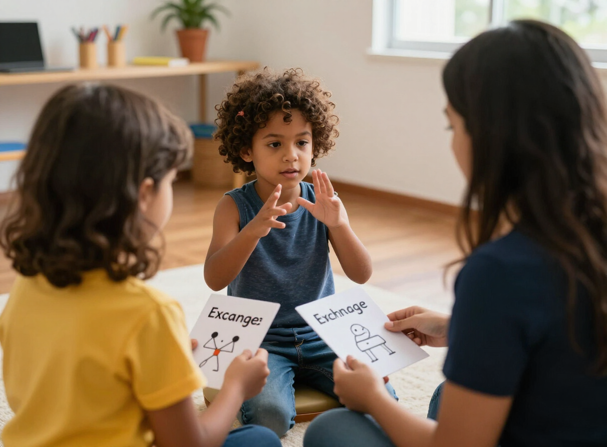 Terapeuta com cartões de comunicação