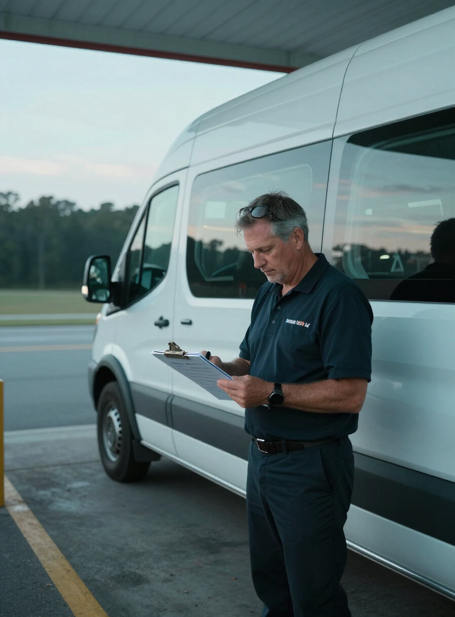 Owner-operator of Voyager One Logistics checking a delivery manifest beside his sprinter van at dawn