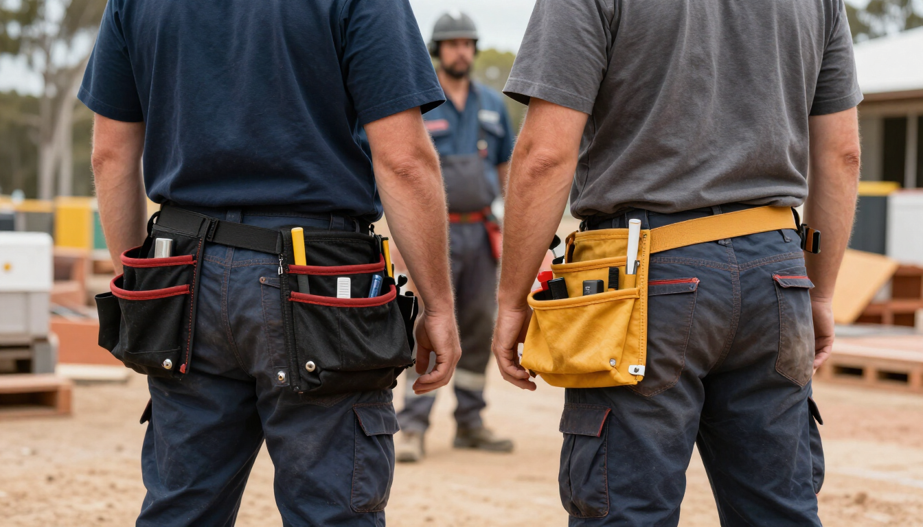 Australian tradespeople in branded commercial workwear on a construction site