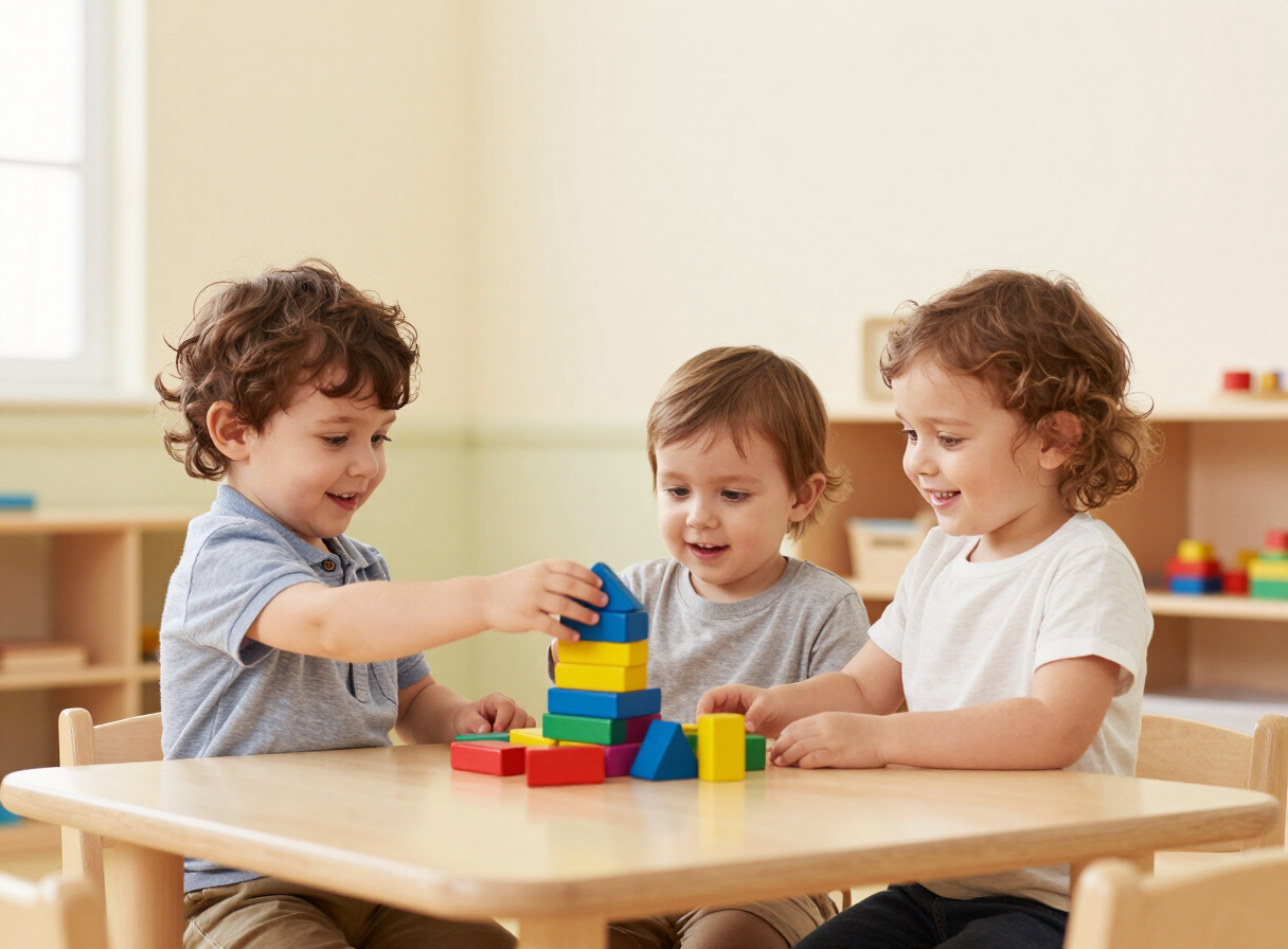 Toddlers stacking colorful wooden blocks in a bright classroom
