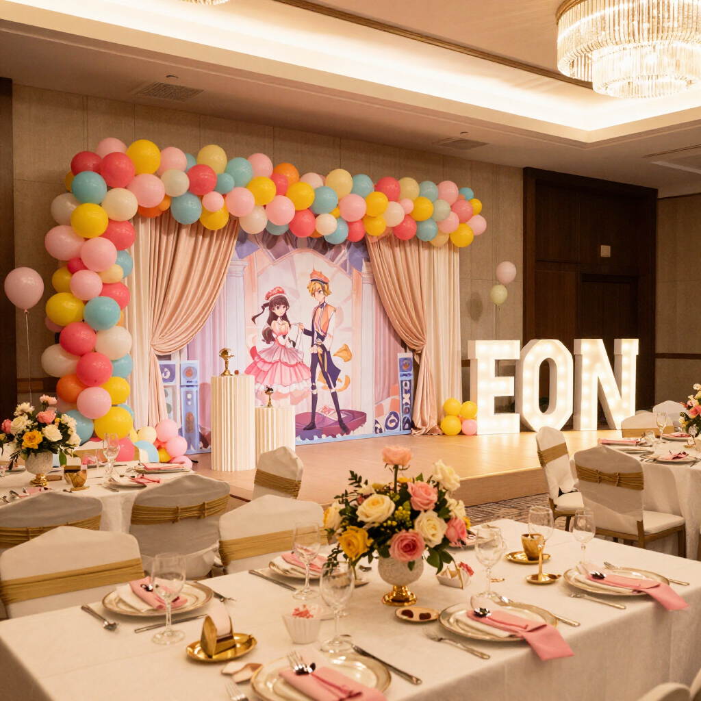 Complete party setup with balloon arch, draped backdrop, styled tables and centerpieces