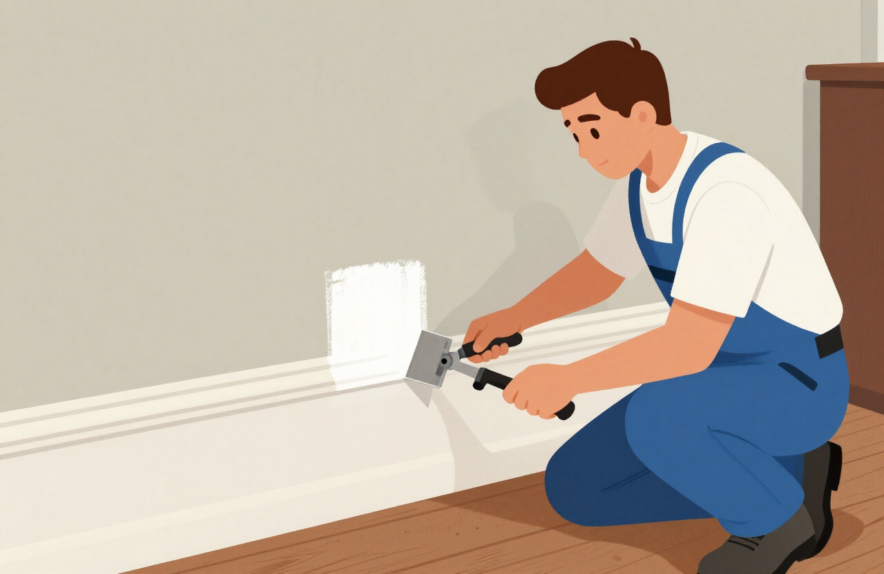 Illustrative painter cutting in crisp white paint on original wood trim and baseboards inside an older Hackensack NJ home
