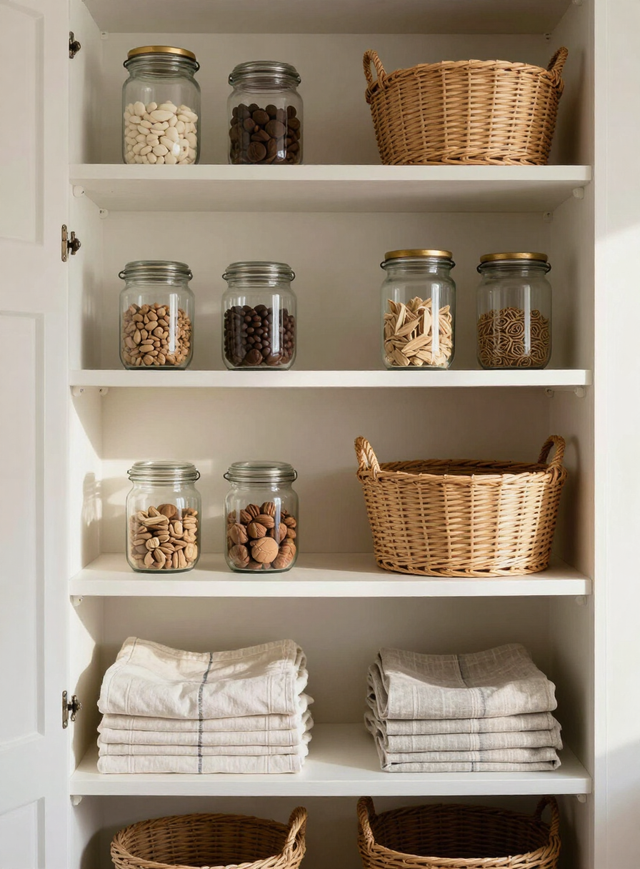 Organized open pantry shelving with glass jars, woven baskets, and folded linens