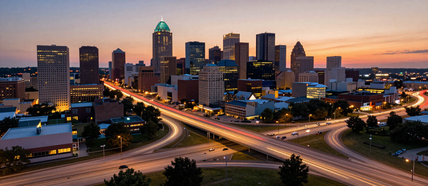 Aerial view of Kansas City, Missouri downtown skyline at dusk with interstate interchange and car light trails