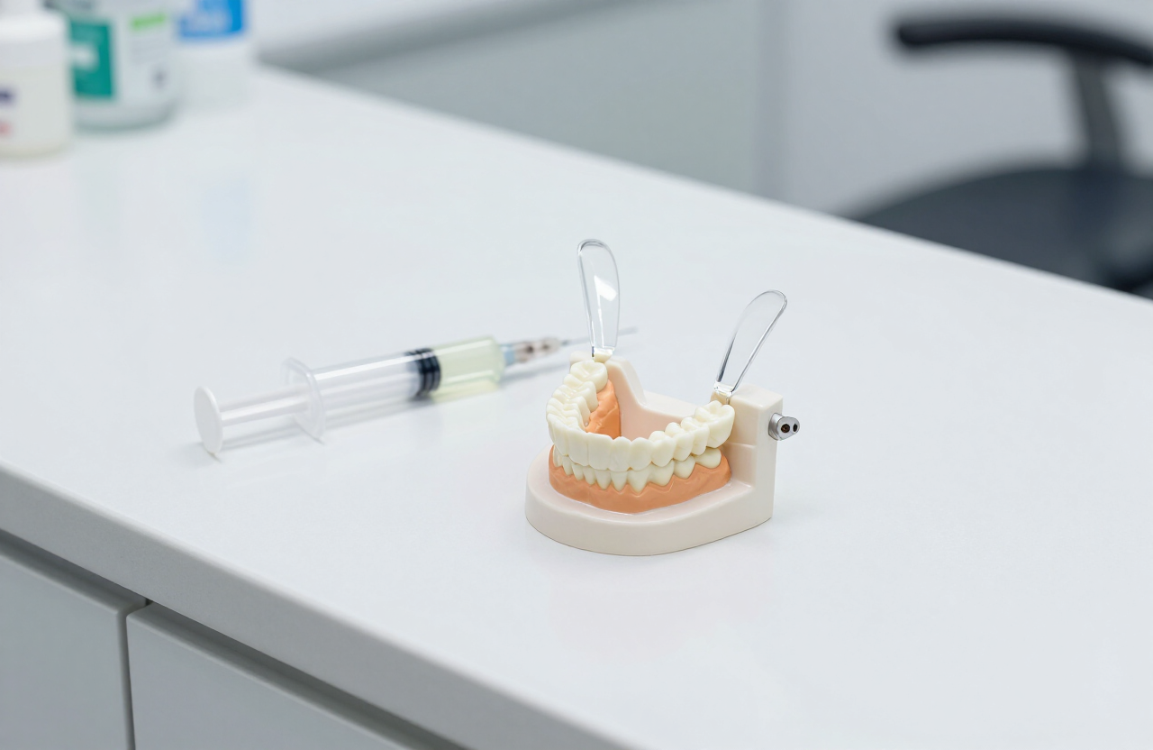 Custom clear whitening trays fitted on a dental model with a small syringe of whitening gel beside them