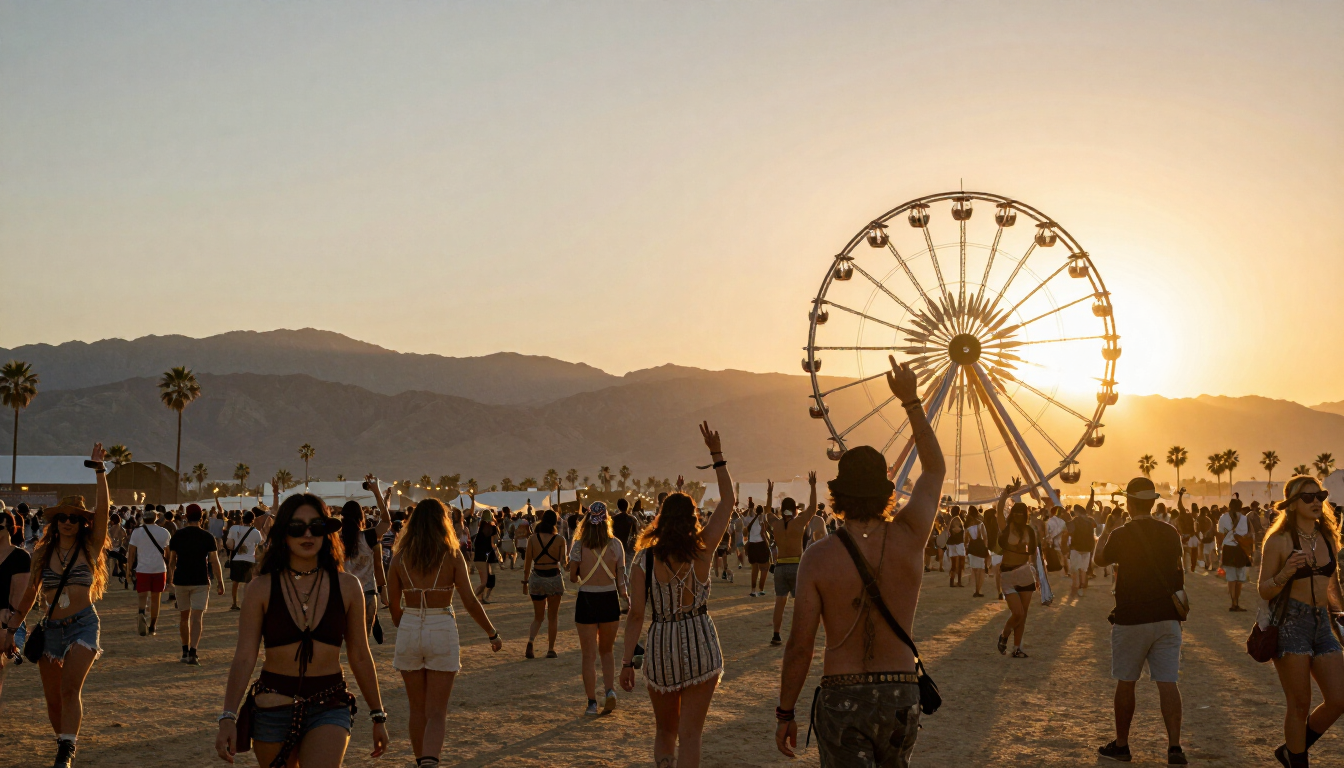 Crowds at Coachella music and arts festival at sunset in Indio, California with Ferris wheel and desert mountains in the background