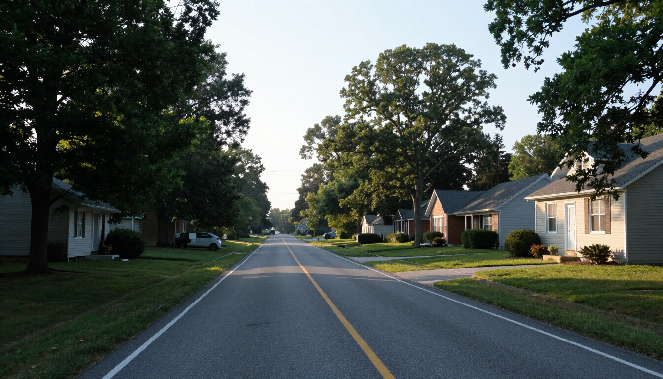 Clay County Missouri suburban two-lane road with trees and residential homes