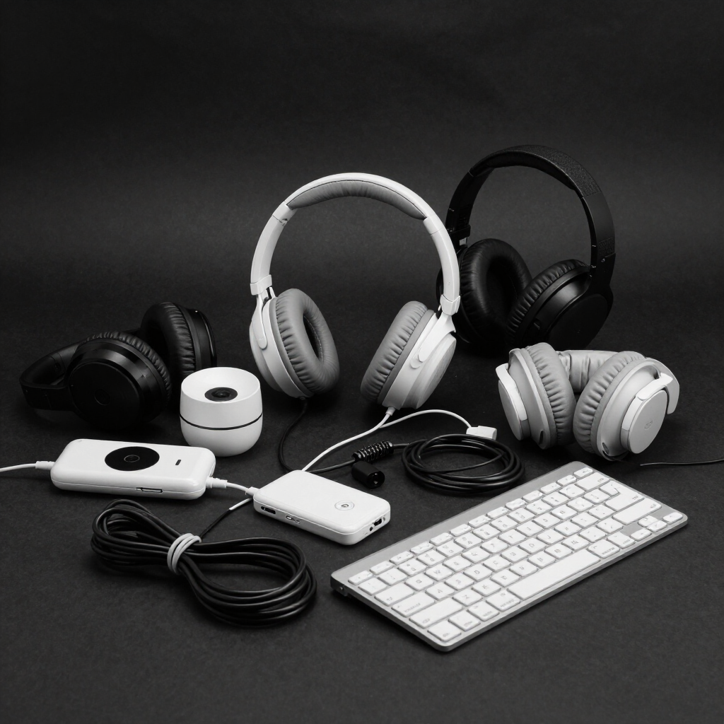 Black and white photo of assorted surplus electronics, headphones, and keyboards
