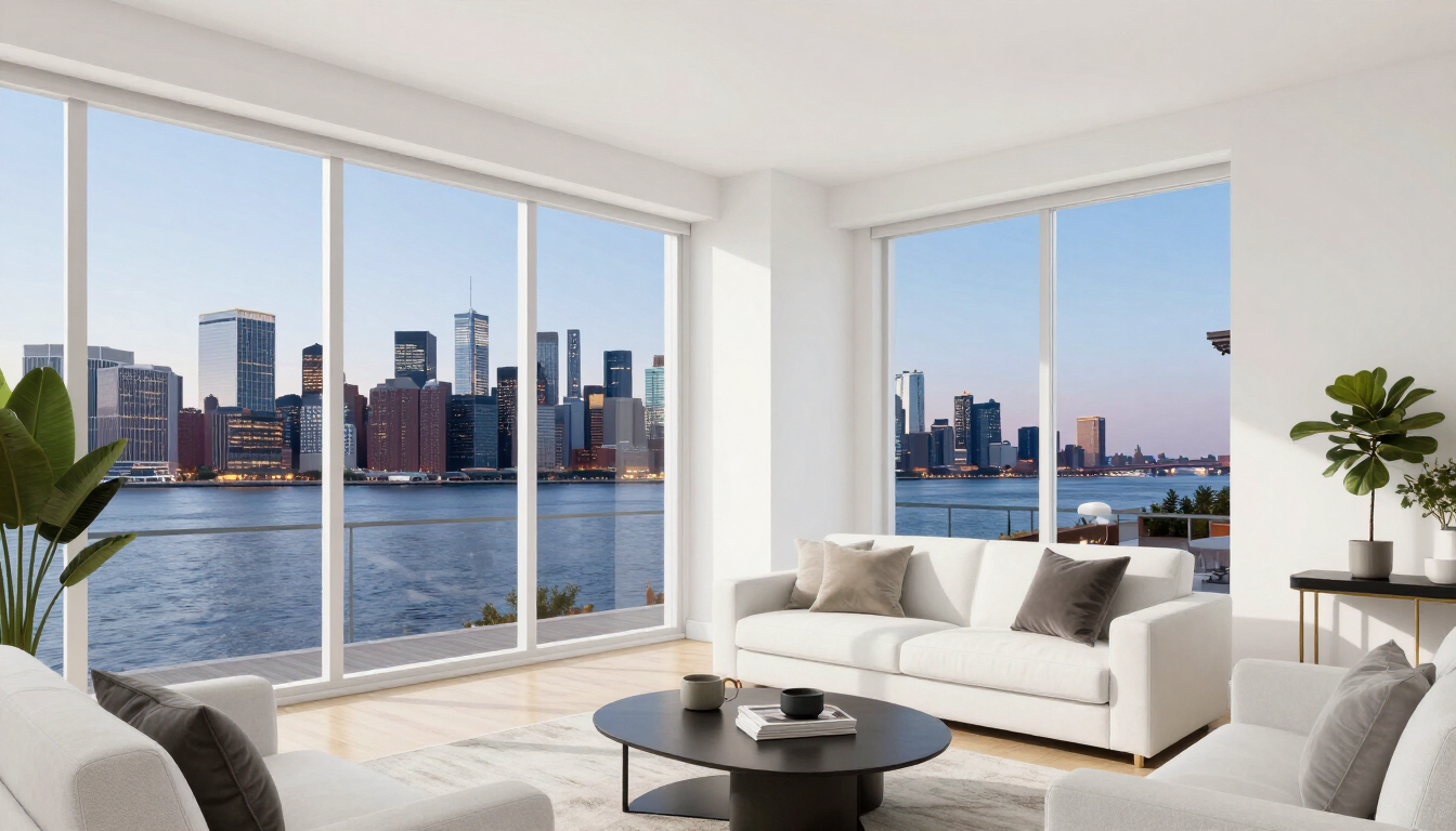 Illustrative Hoboken high-rise condo living room with Hudson River skyline view