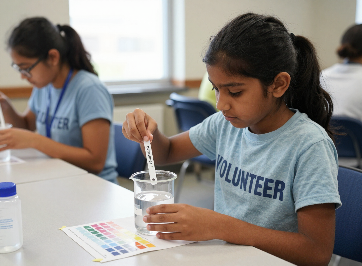 A student comparing a chlorine test strip to a color chart