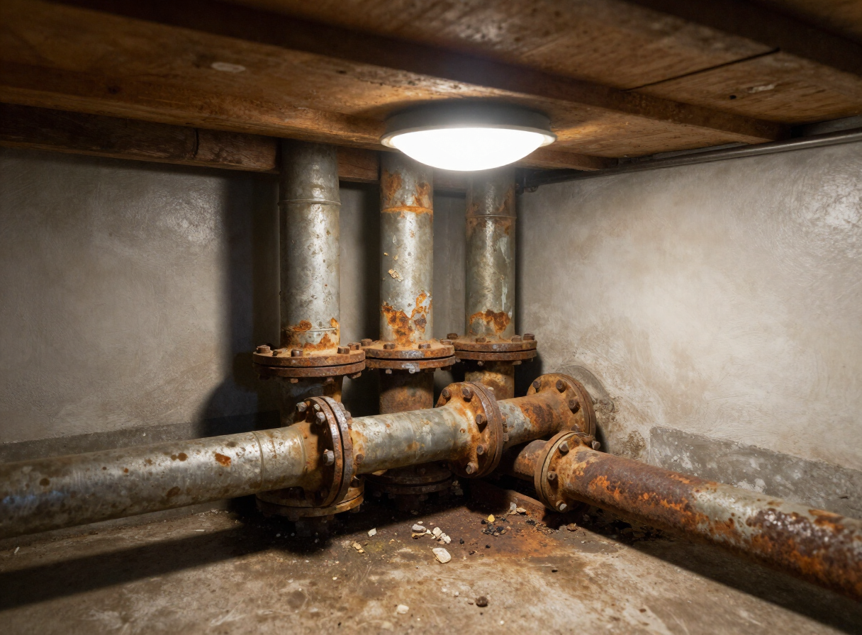 Corroded rusty galvanized pipes before repair