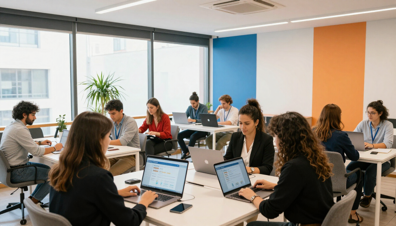 Educadores españoles colaborando con Moodle en un espacio de trabajo luminoso