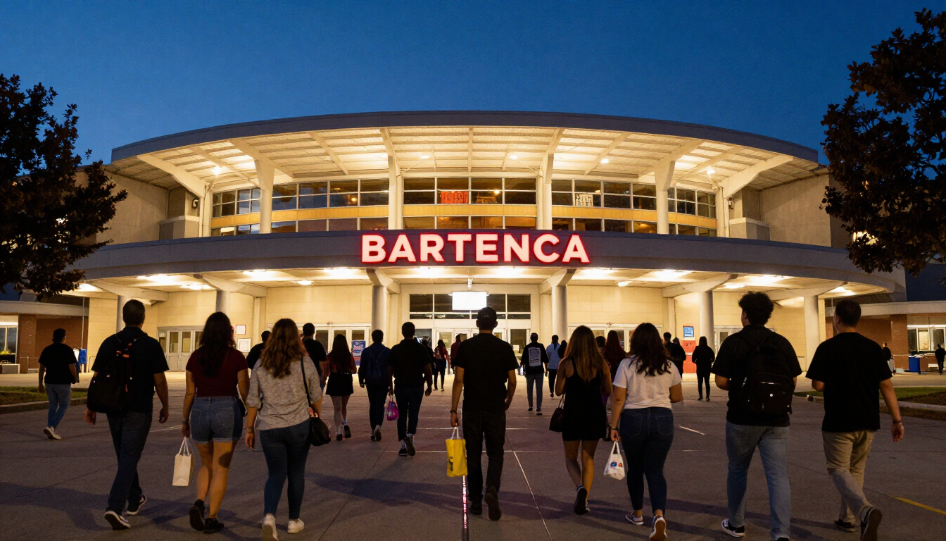Fans walking toward a brightly lit arena entrance before a concert at night.