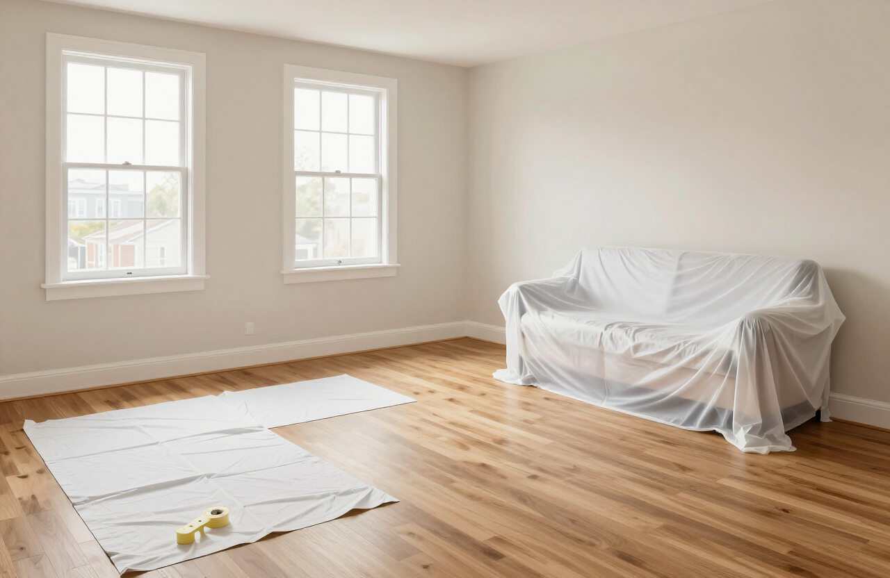 Illustrative interior painting prep with drop cloths, painter's tape, and protected hardwood floors in a Fort Lee NJ condo