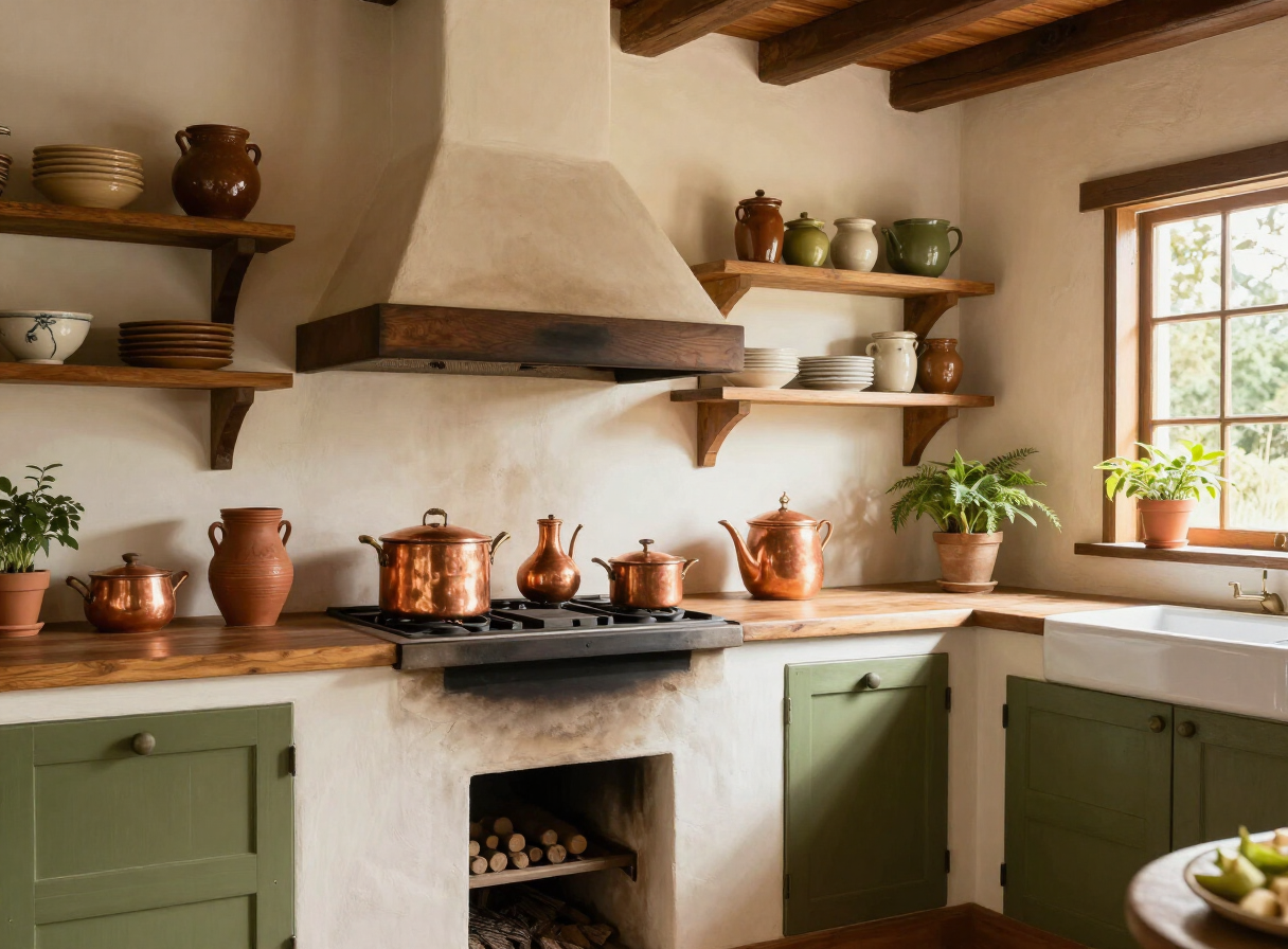 Cozinha rústica com fogão a lenha, panelas de cobre e prateleiras de madeira