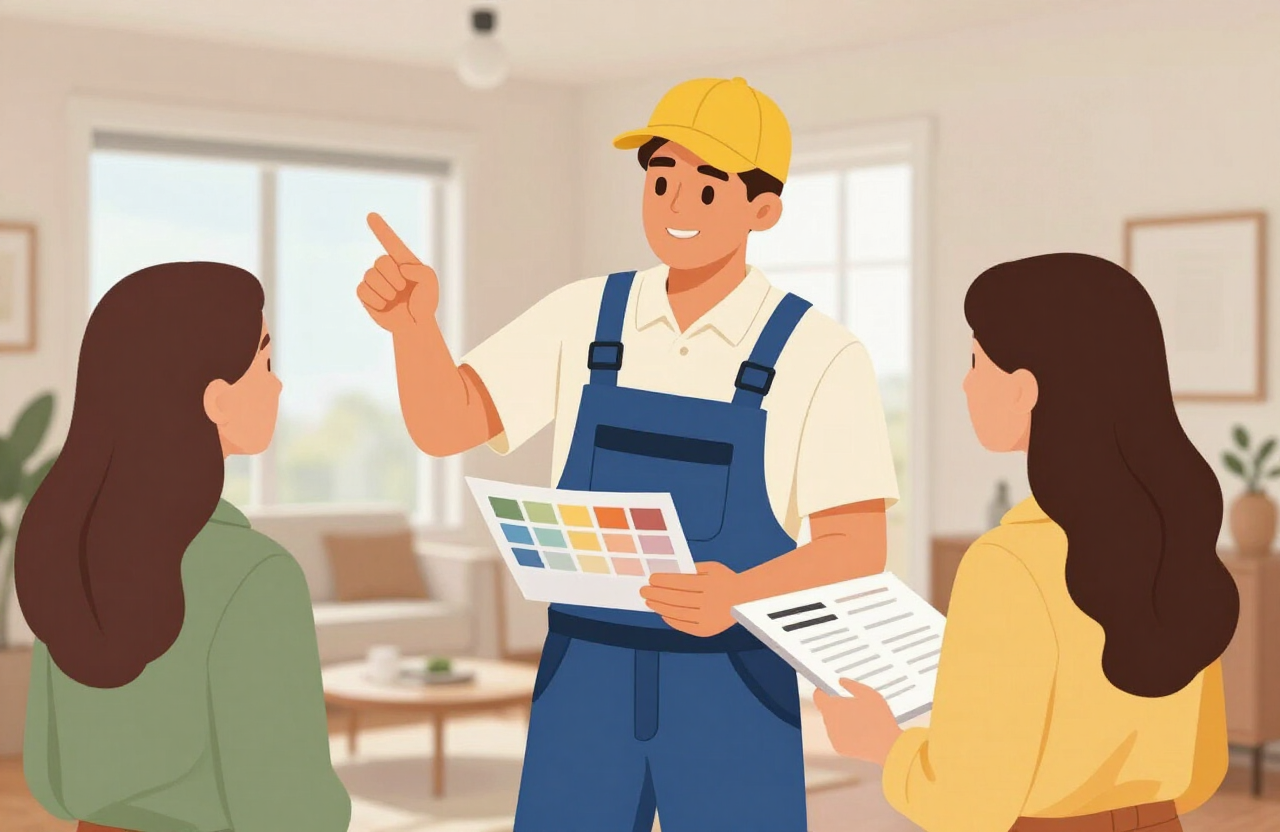 Illustrative painting contractor reviewing a color and scope plan with a homeowner in a Fort Lee NJ apartment