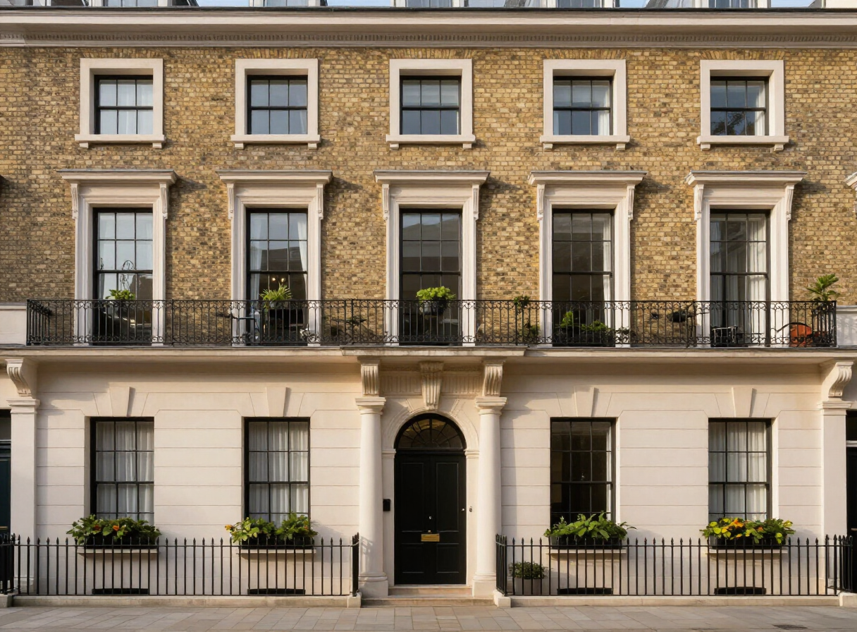 Restored British residential architecture with traditional sash windows