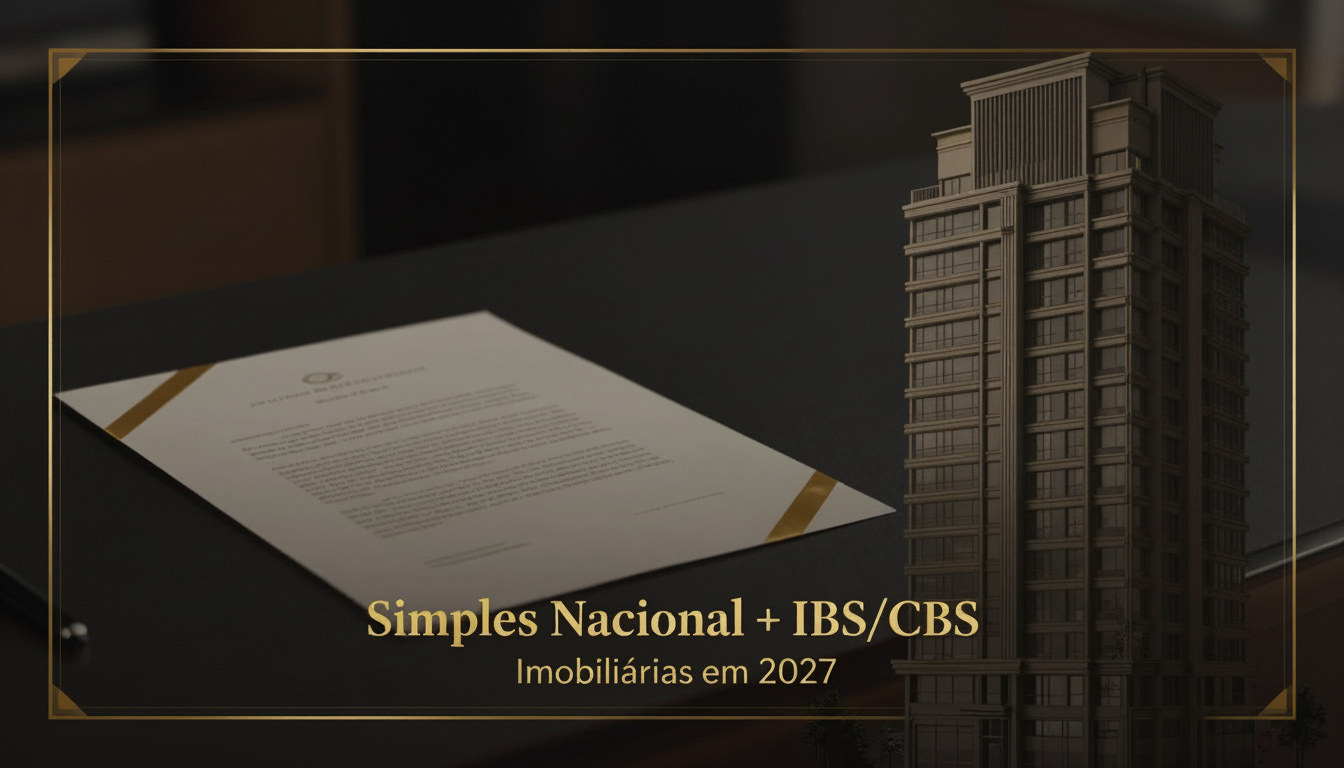 Edifício contemporâneo e contrato sobre fundo escuro com detalhes dourados, representando a análise tributária de imobiliárias no Simples Nacional para 2027.