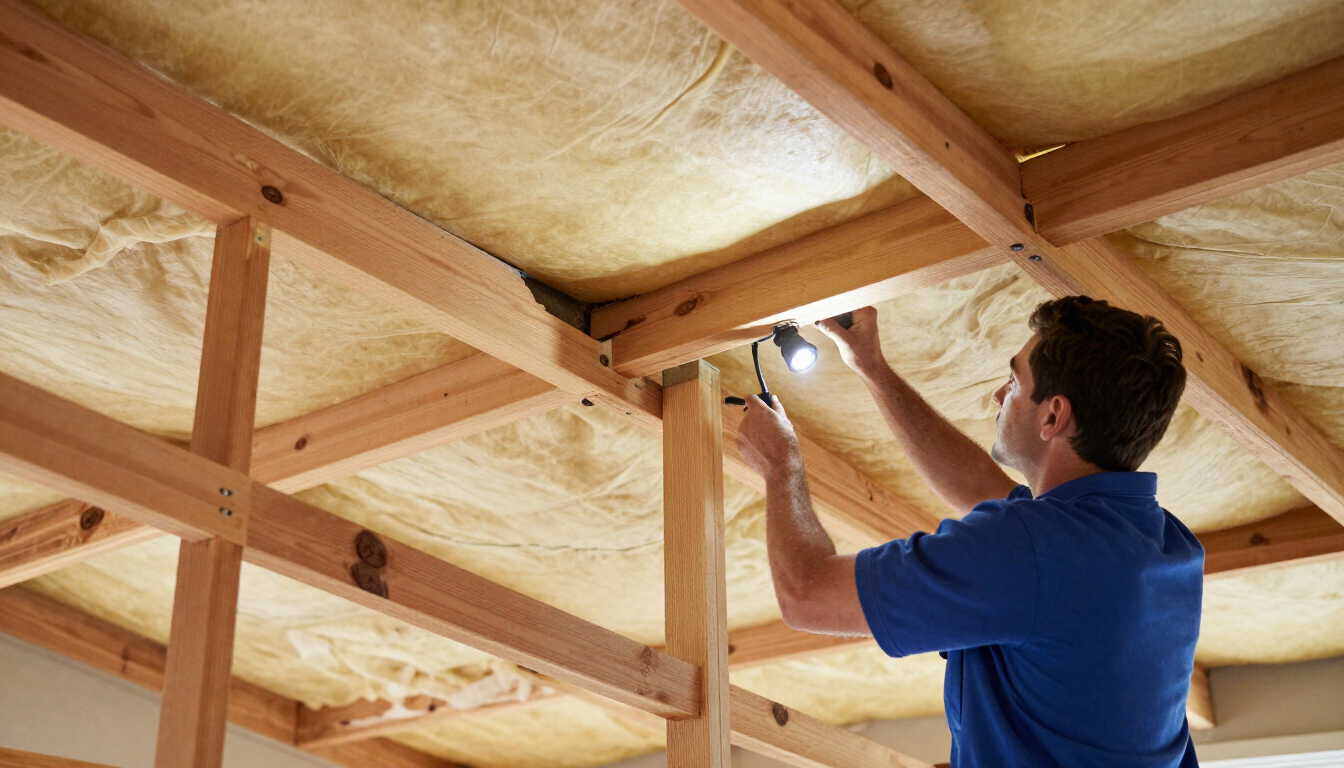 Professional attic inspection in a Houston-area residential home looking for signs of rodent activity around insulation and roof framing