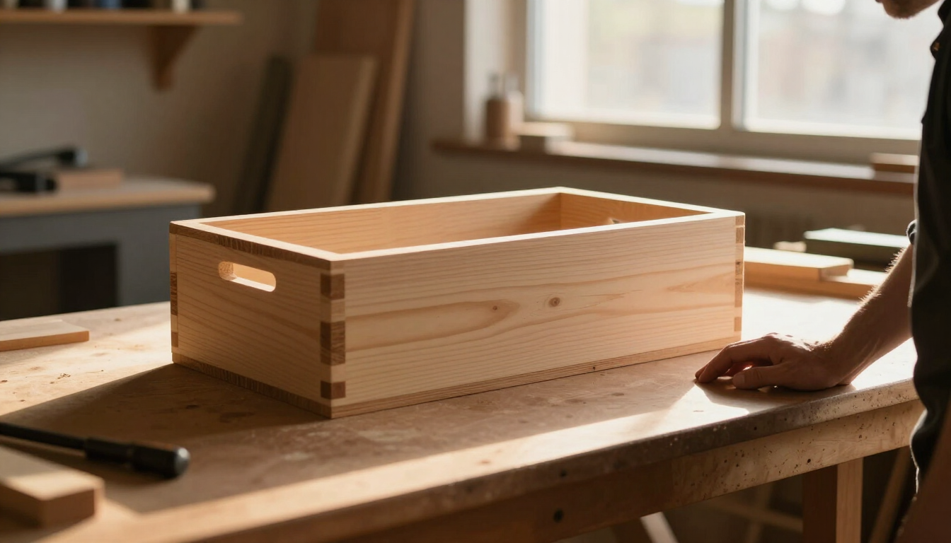 A finished simple wooden planter box and a small shelf resting on a workbench in a warm woodworking workshop at golden hour, light streaming through a window, a woodworker’s hand resting on the project