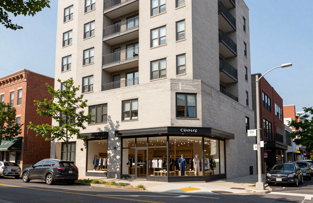 Mixed-use building on Bergenline Avenue in West New York NJ with storefront retail and apartments above
