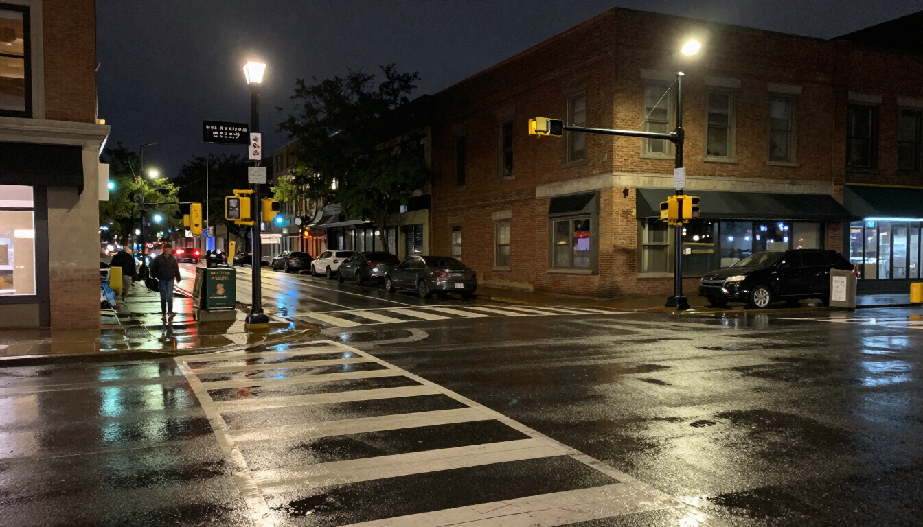 Downtown Kansas City street intersection at night with traffic signals, crosswalks and wet pavement reflections