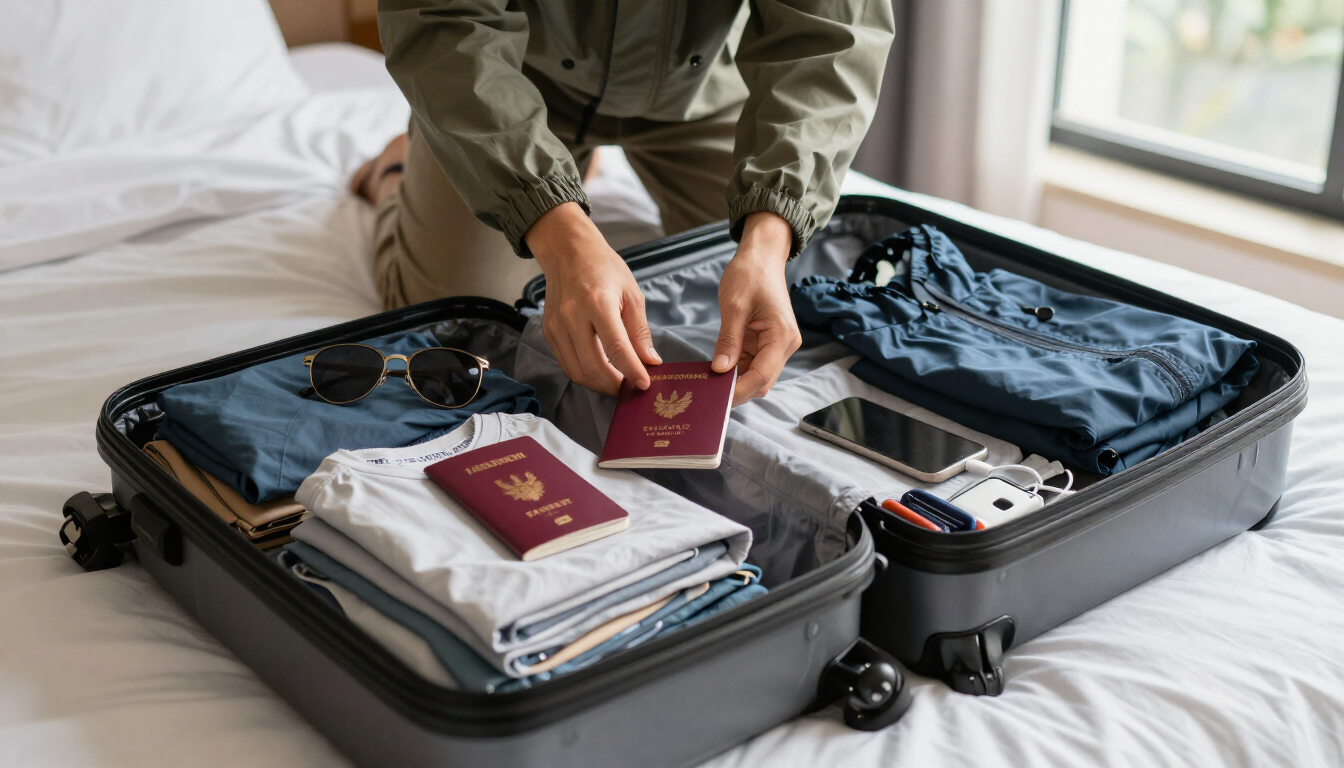 A traveler organizing an open suitcase for a Thailand trip, folding lightweight breathable clothing with a passport, sandals, sunglasses, toiletry pouch, phone and charger arranged nearby