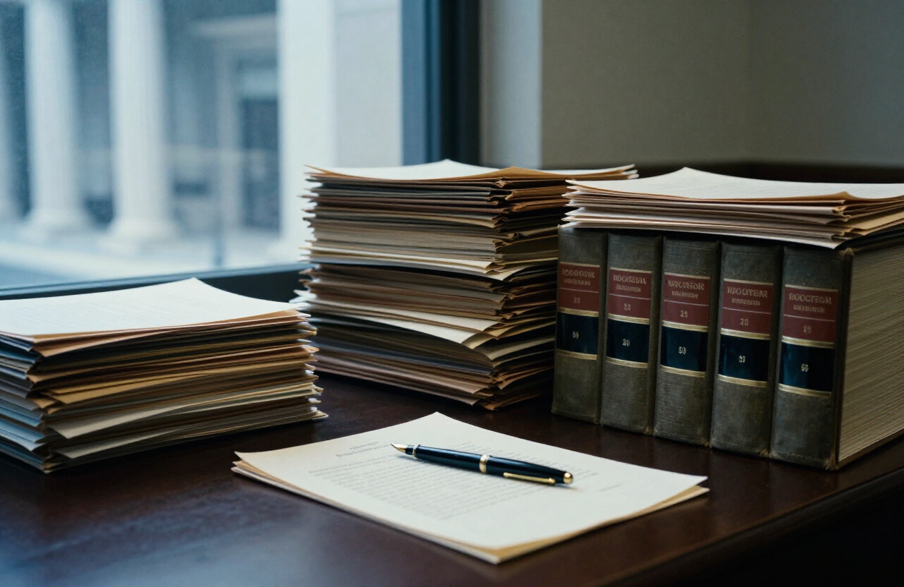Legal case files and a signed affidavit in a law office with courthouse columns outside
