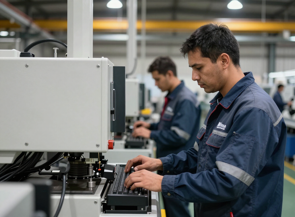 Manufacturing workers in branded industrial workwear
