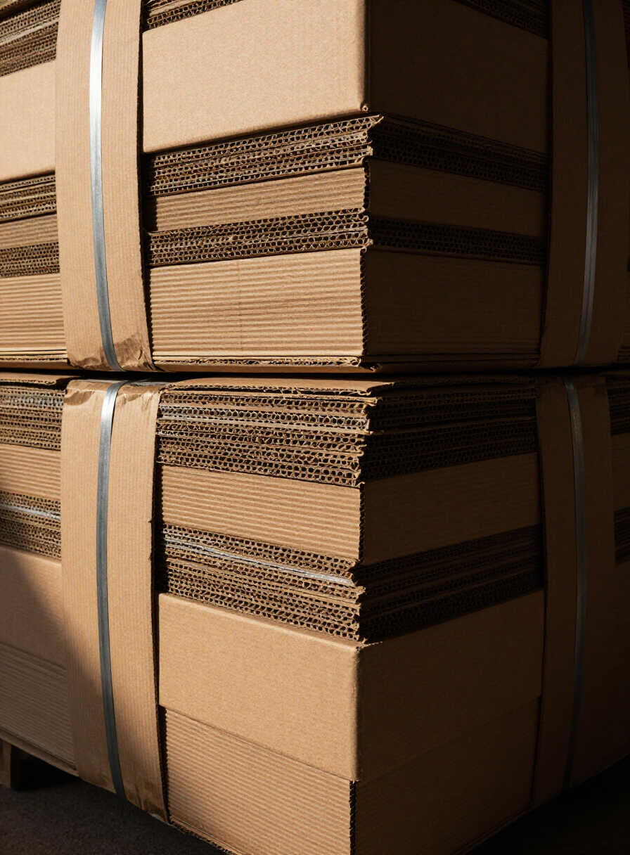 Detail of layered kraft edges on a compressed cardboard bale