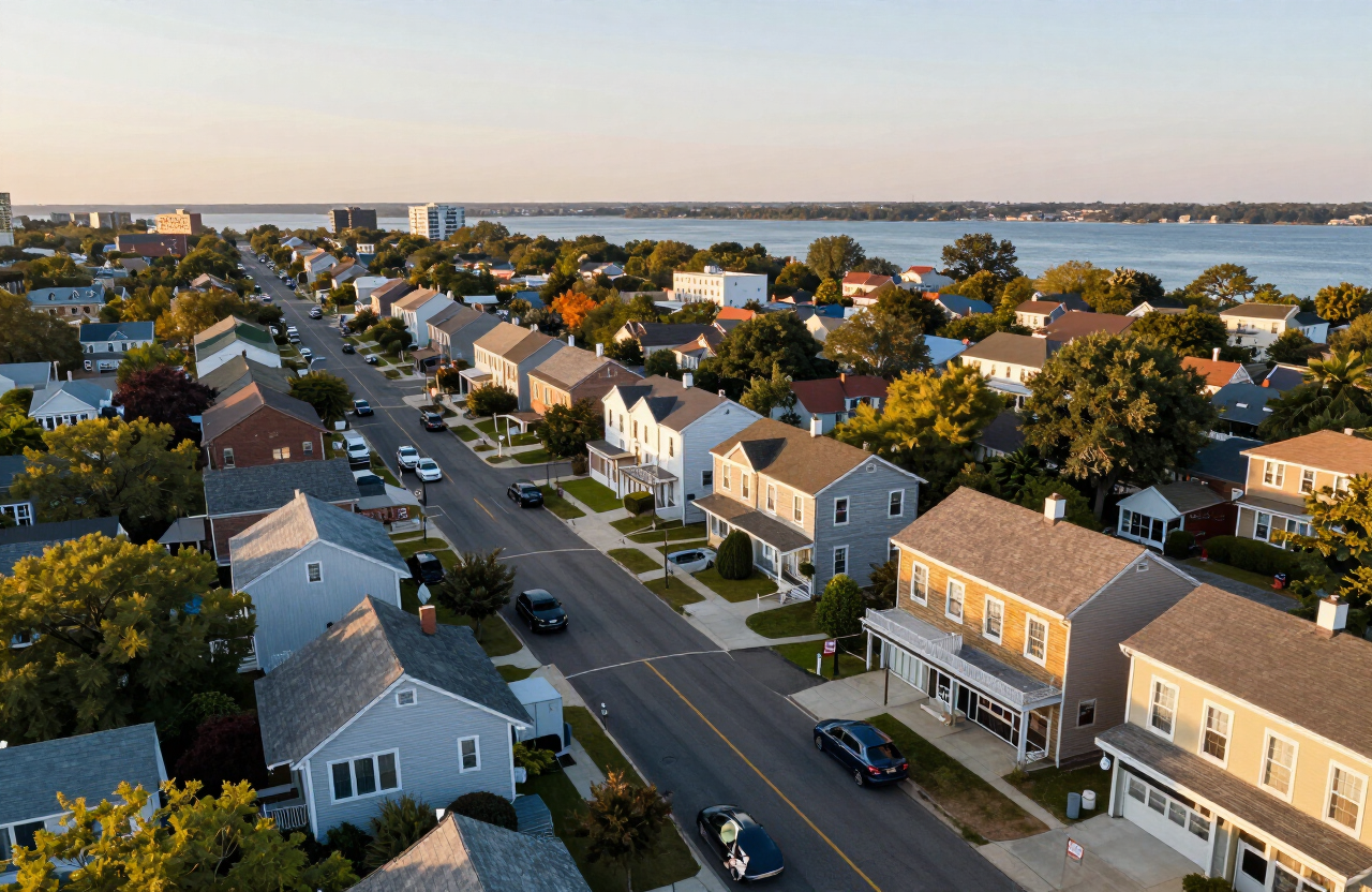 Illustrative aerial view of Little Ferry NJ at golden hour showing older wood-frame homes, garden apartments, and commercial storefronts with the Hackensack River in the background