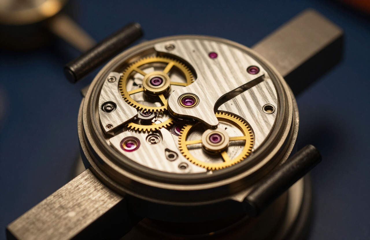 Macro d’un mouvement mécanique avec balancier, rubis et côtes de Genève