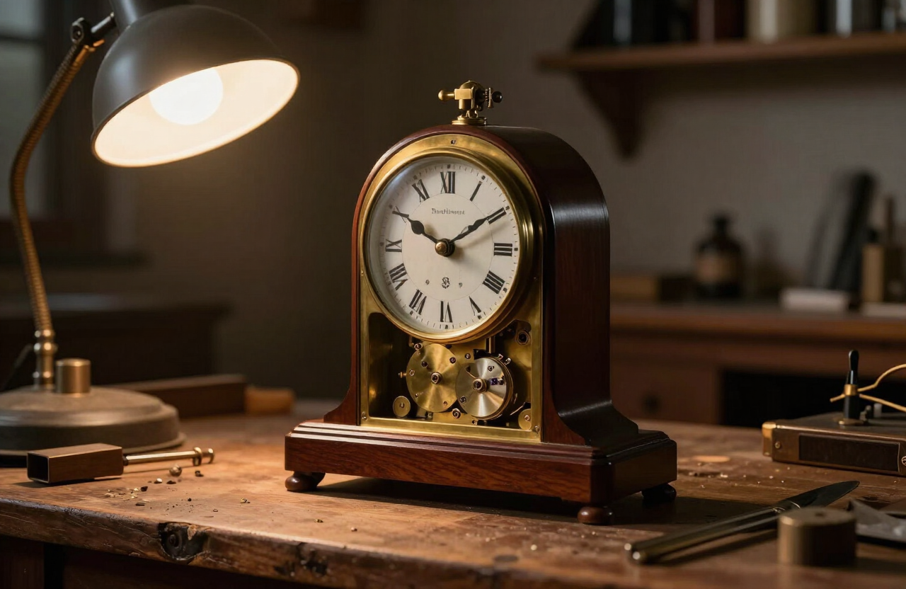 Mécanisme en laiton d’une pendule ancienne en cours de restauration