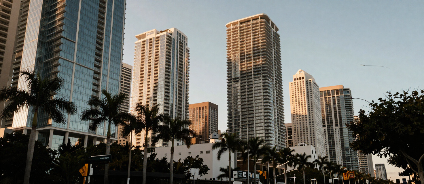 Brickell Avenue towers in Miami at golden hour